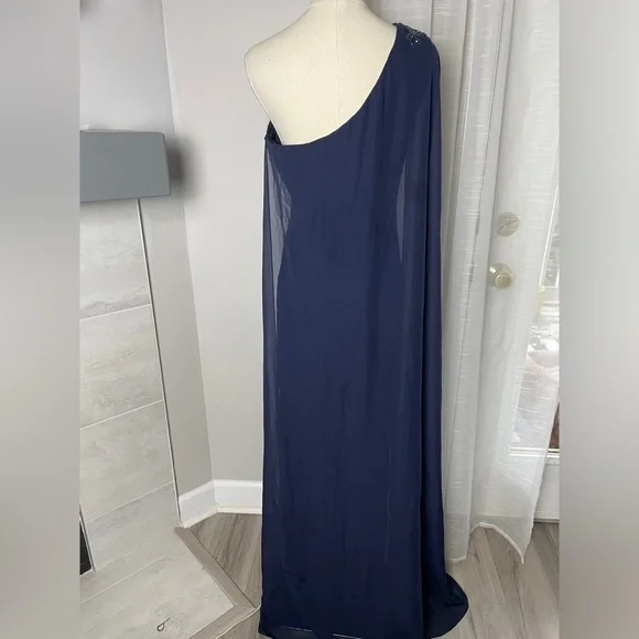 Adrianna Papell Navy Cape-Sleeved Evening Lace Gown One Shoulder Dress Size 6 - Picture 10 of 13